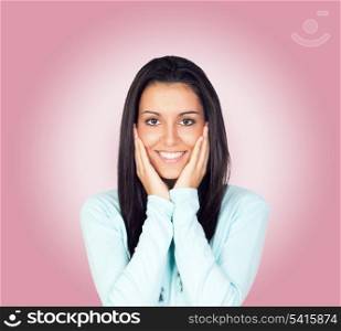 Young Girl with Hands in Head Isolated on pink background