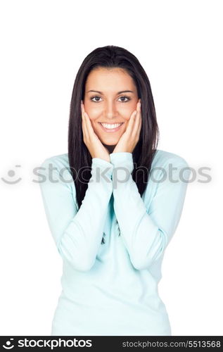 Young Girl with Hands in Head Isolated on White