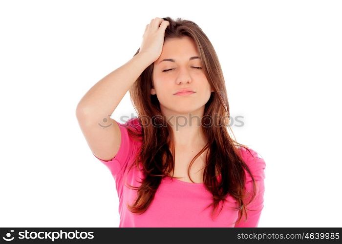 Young girl with headache isolated on a white background