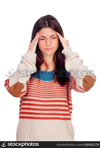 Young girl with headache isolated on a white background