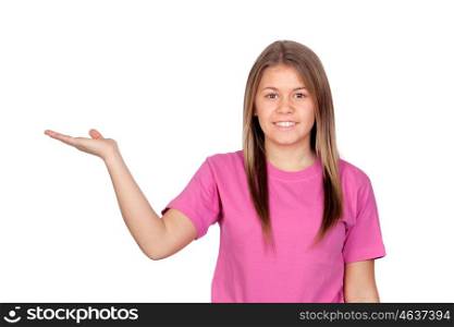 Young girl with her arm extended isolated on white background