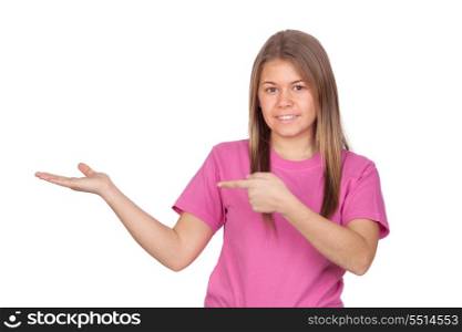 Young girl with her arm extended pointing something isolated on white background