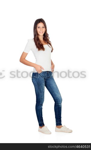 Young girl with jeans standing isolated on a white backgrund