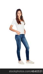 Young girl with jeans standing isolated on a white backgrund