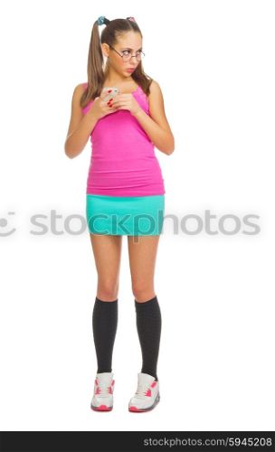 Young girl with mobile phone isolated