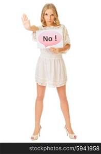 "Young girl with "No" banner isolated"