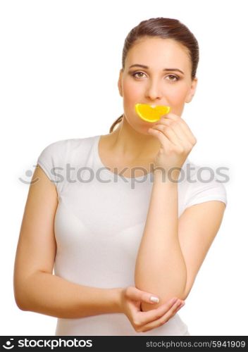 Young girl with orange slice isolated