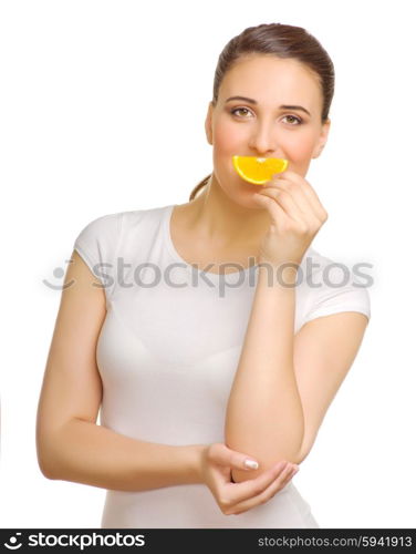 Young girl with orange slice isolated