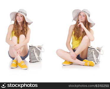 Young girl with panama and handbag in fashion concepts isolated on white. Young girl with panama and handbag in fashion concepts isolated
