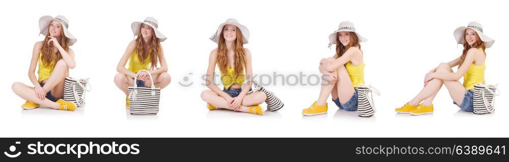 Young girl with panama and handbag in fashion concepts isolated on white. Young girl with panama and handbag in fashion concepts isolated