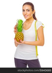 Young girl with pineapple and measurement tape isolated