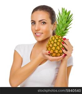 Young girl with pineapple isolated