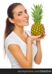 Young girl with pineapple isolated