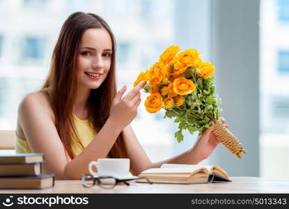 Young girl with present of flowers