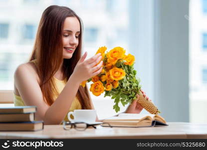 Young girl with present of flowers