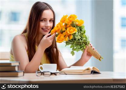 Young girl with present of flowers