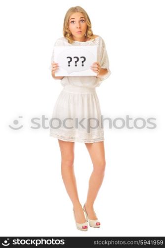 Young girl with question banner isolated