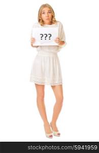 Young girl with question banner isolated