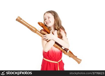 young girl with recorders and white background