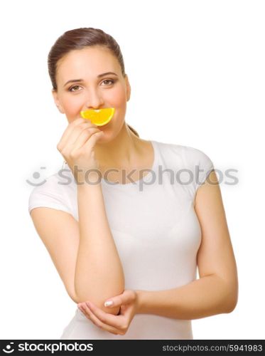 Young girl with slice of orange isolated