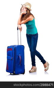 young girl with suitcase on white