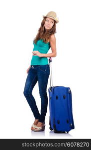 young girl with suitcase on white