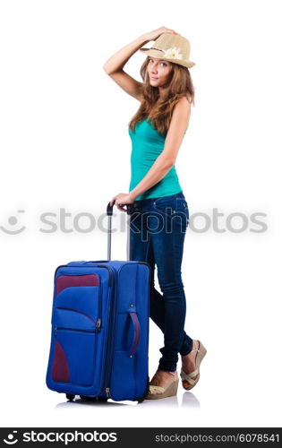 young girl with suitcase on white