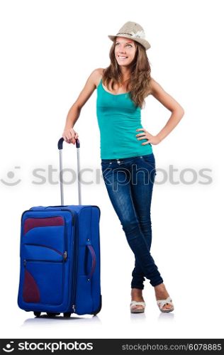 young girl with suitcase on white