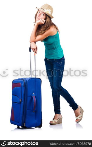 young girl with suitcase on white