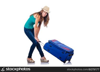 young girl with suitcase on white