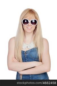 Young girl with sunglasses isolated on a over white background