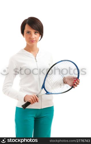 Young girl with tennis racket and bal isolated on white