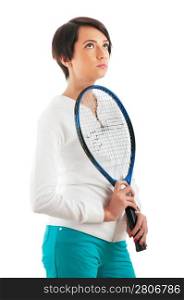 Young girl with tennis racket and bal isolated on white