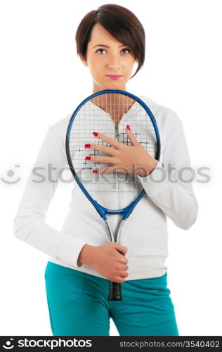 Young girl with tennis racket and bal isolated on white