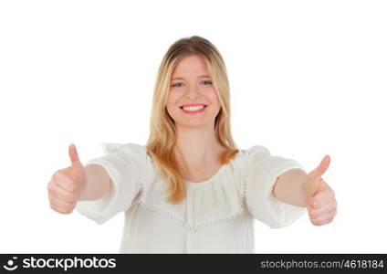 Young girl with thoumbs up isolated on a white background