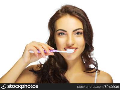 Young girl with tooth brush isolated