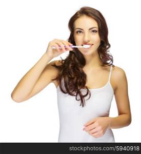 Young girl with toothpaste isolated