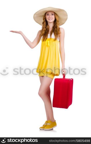 Young girl with travel case holding isolated on white