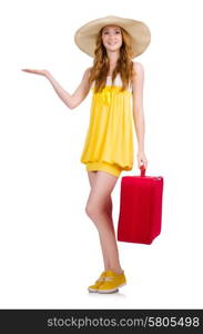 Young girl with travel case holding isolated on white