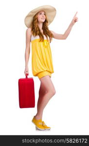 Young girl with travel case pressing virtual button isolated on white