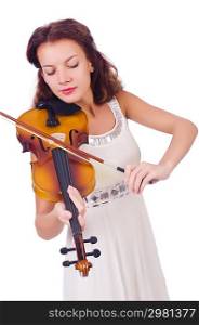 Young girl with violin on white