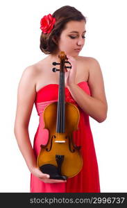 Young girl with violin on white