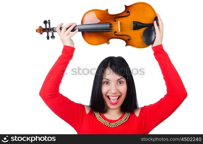 Young girl with violin on white