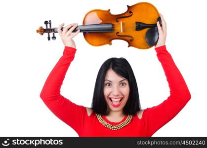 Young girl with violin on white