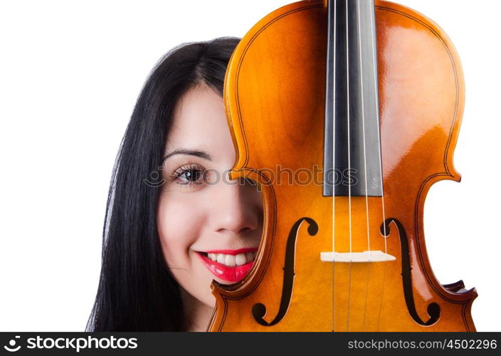 Young girl with violin on white