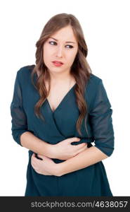 Young girl with with stomach pain isolated on a white background