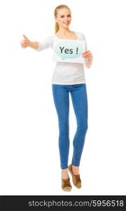 "Young girl with "Yes" banner isolated"