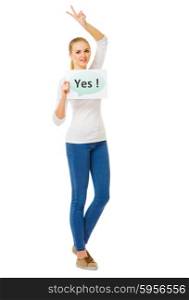 Young girl with yes banner isolated