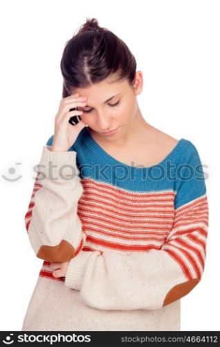 Young girl worried isolated on a white background