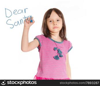 Young girl writing to Santa on imaginary board